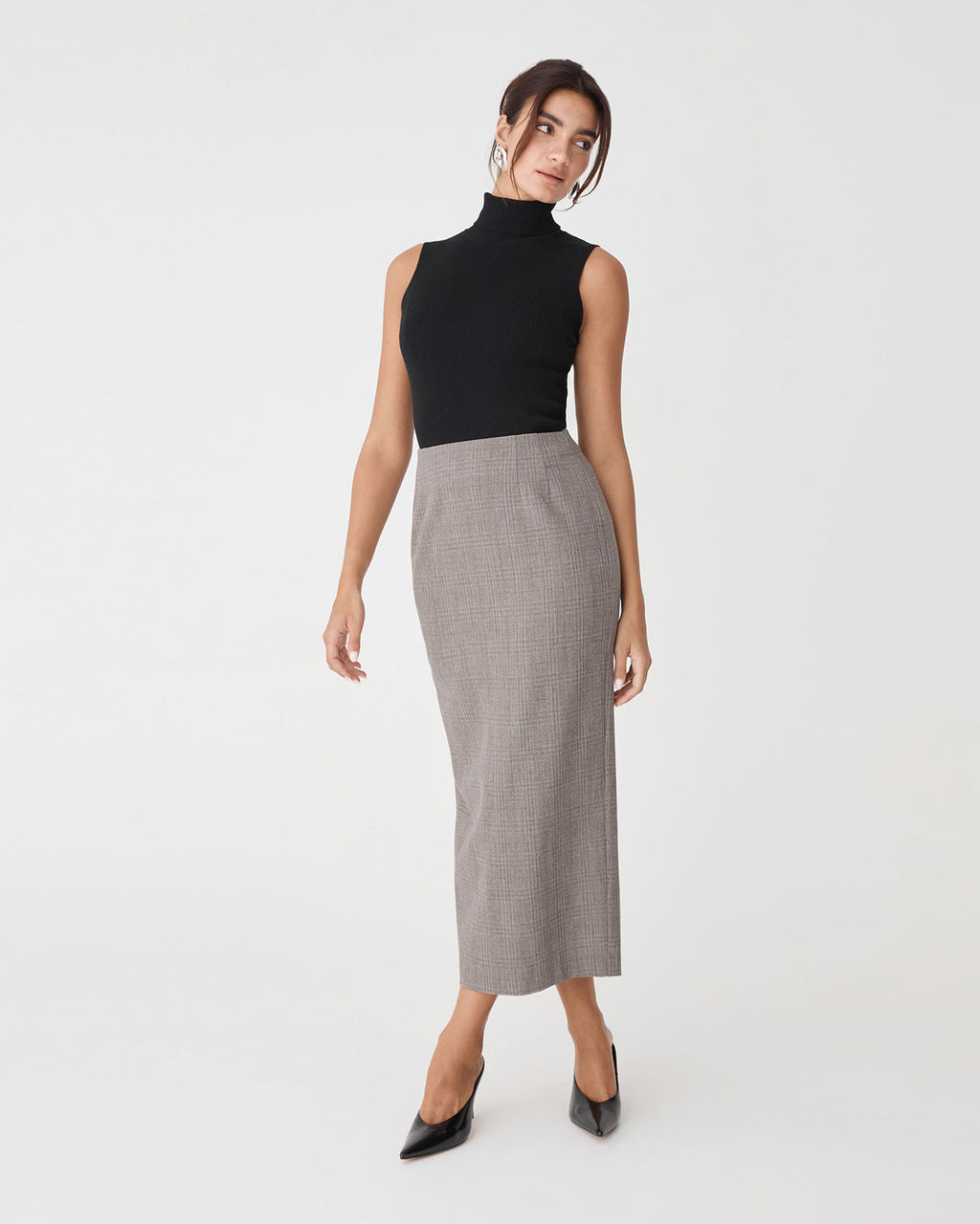 Loretta Midi Pencil Skirt in latte check — full-length view 2
