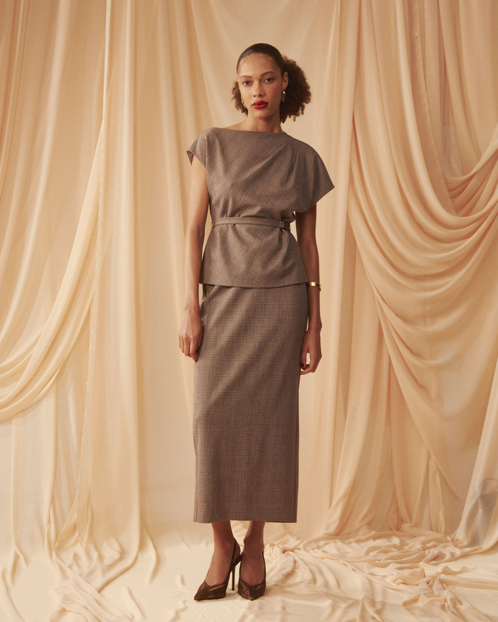 Loretta Midi Pencil Skirt in latte check — alternate view