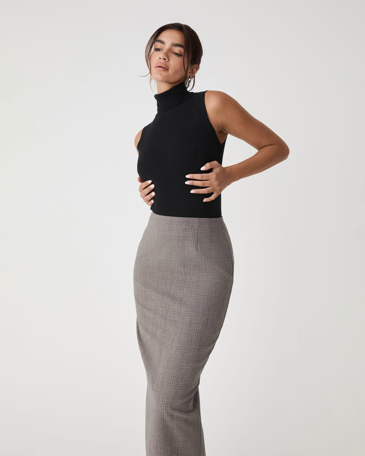 Loretta Midi Pencil Skirt in latte check — side view