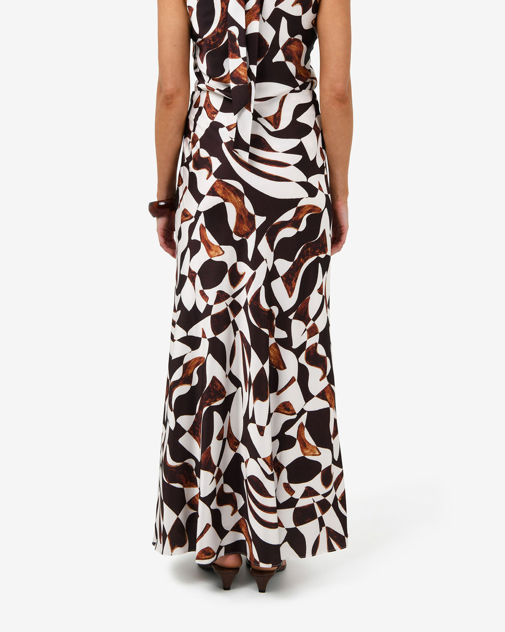 Hazel Printed A-line Skirt in brown retro — back view