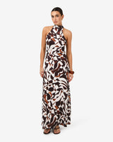 Hazel Printed A-line Skirt in brown retro — full-length view
