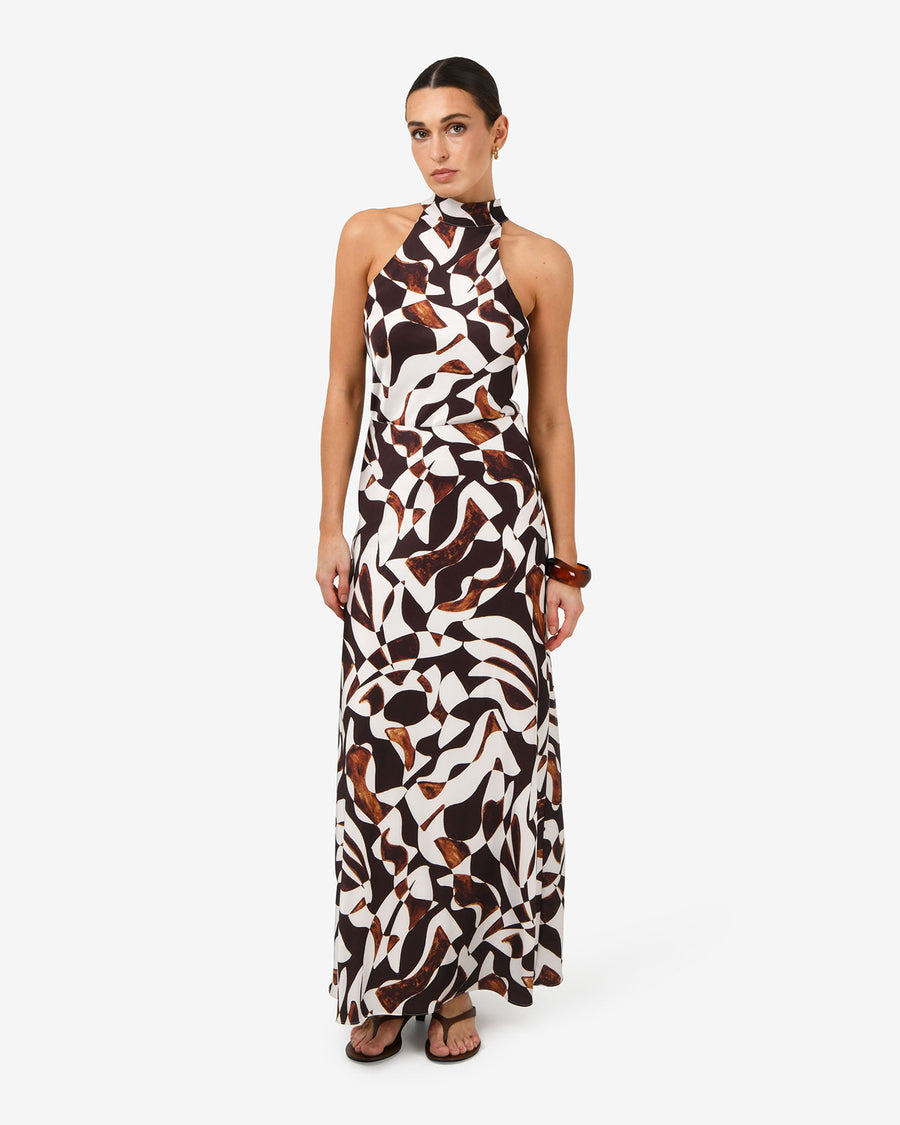 Hazel Printed A-line Skirt in brown retro — full-length view