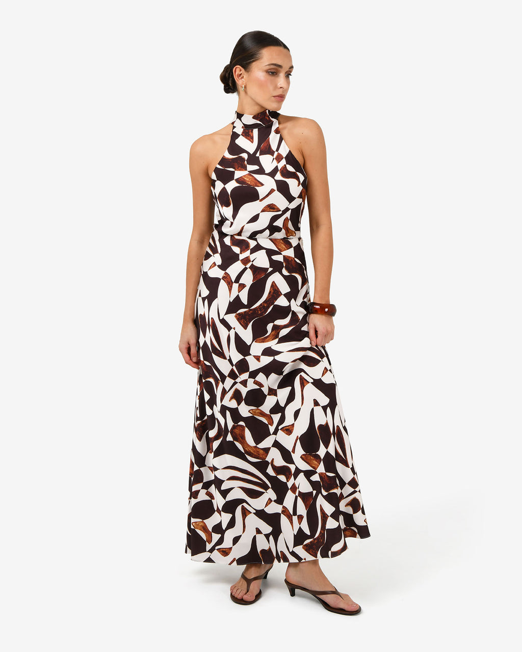 Hazel Printed A-line Skirt in brown retro — full-length view 2