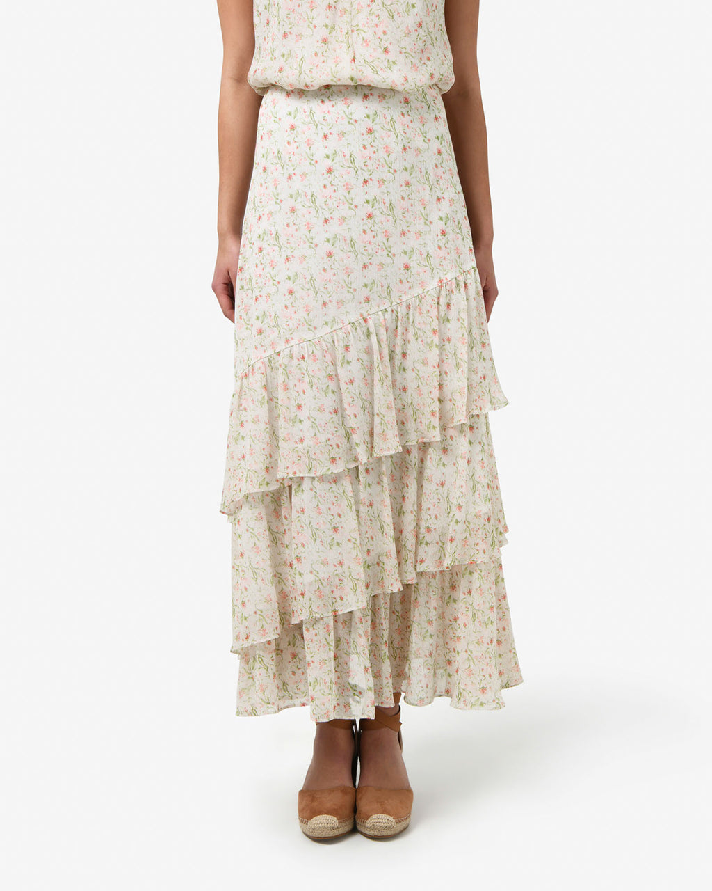 Indy Ruffle Floral Skirt in floral beige — close-up view
