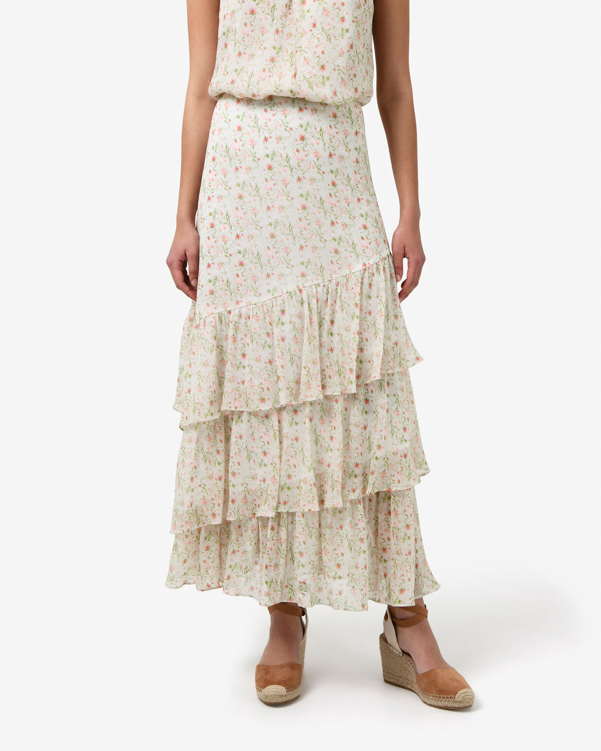 Indy Ruffle Floral Skirt in floral beige — close-up view 2
