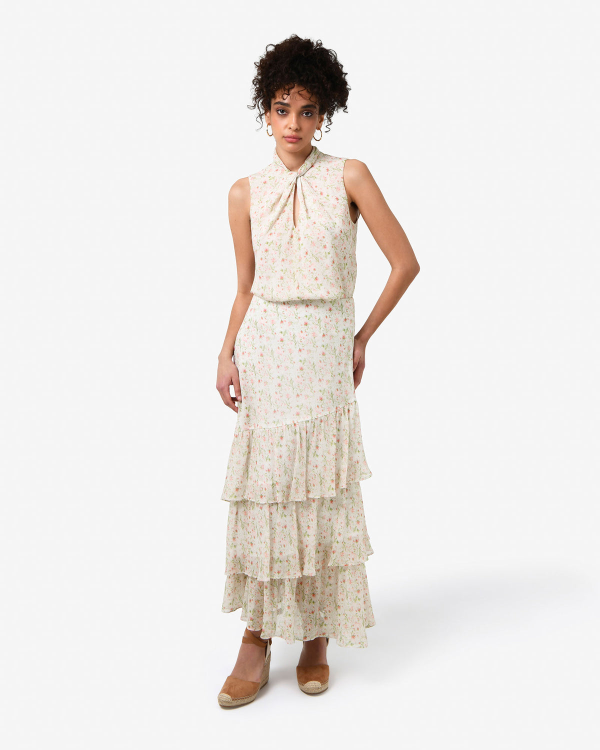 Indy Ruffle Floral Skirt in floral beige — full-length view