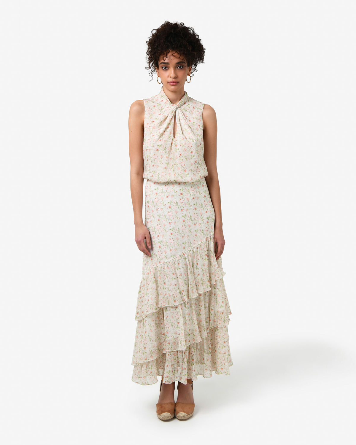 Indy Ruffle Floral Skirt in floral beige — full-length view 2