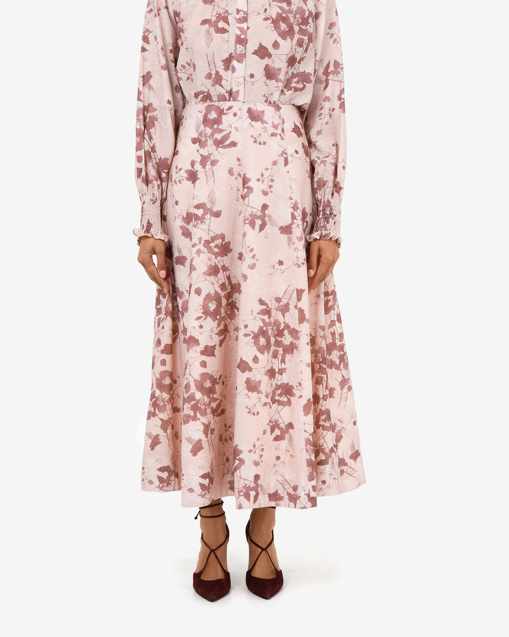 Lesley Floral Skirt in pink floral — close-up view
