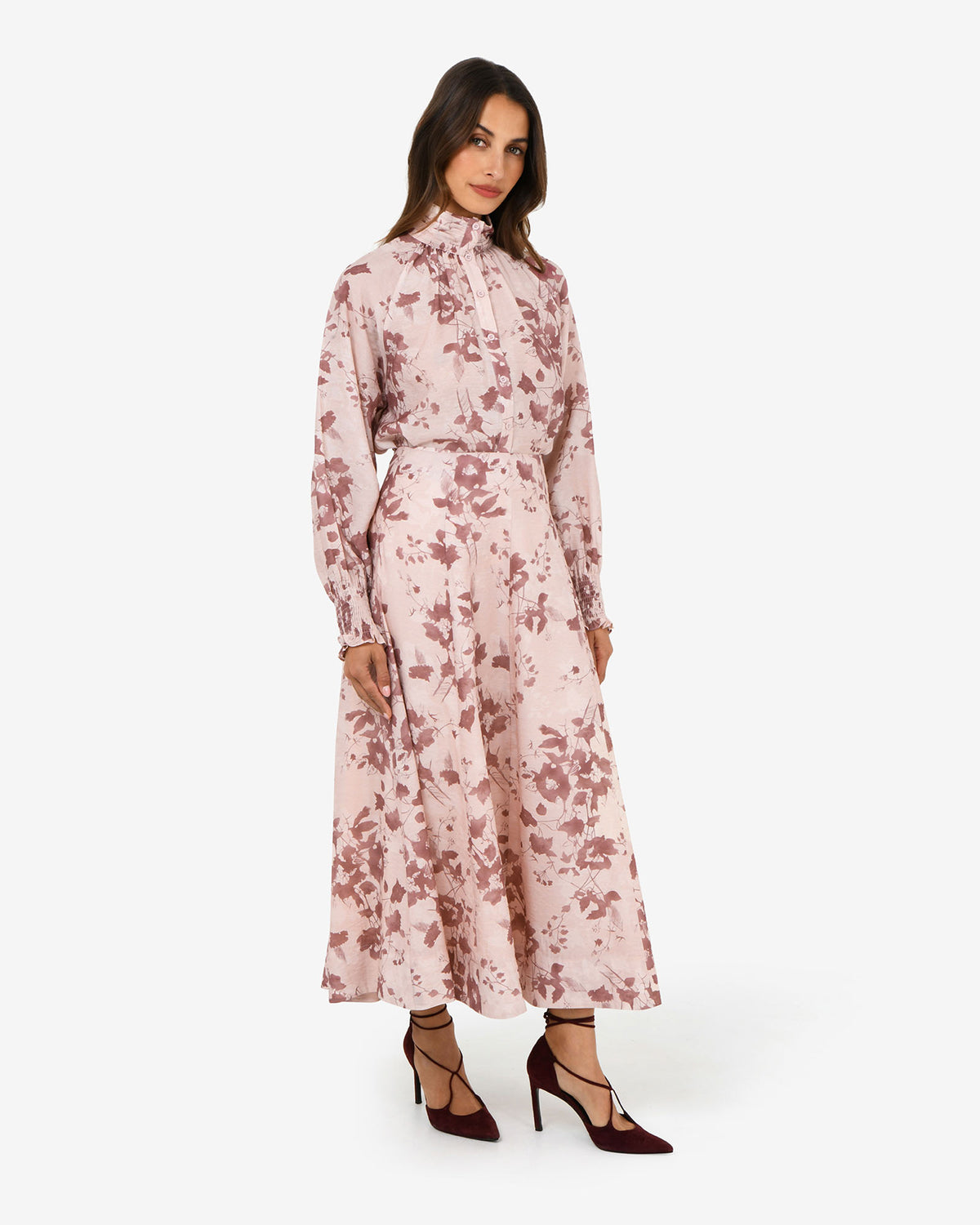 Lesley Floral Skirt in pink floral — full-length view 2