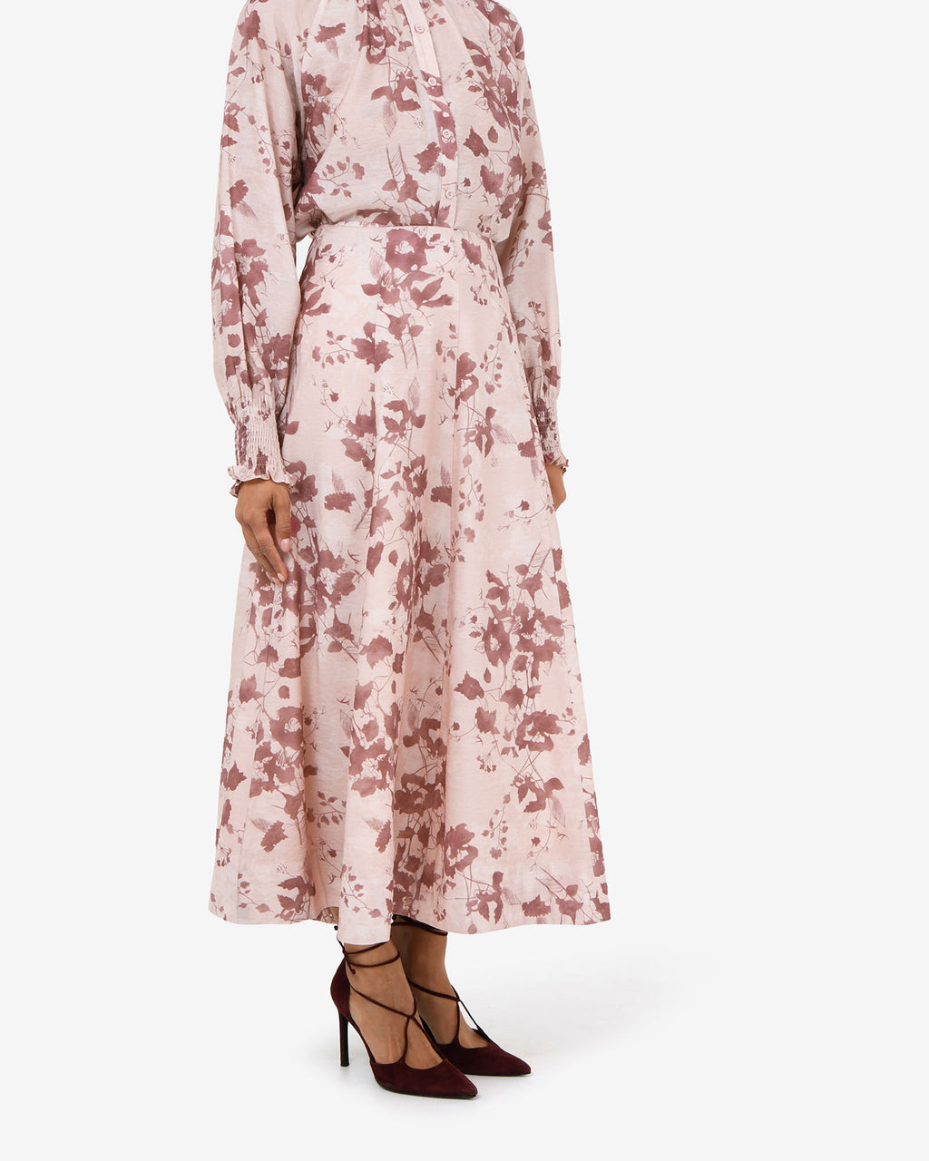 Lesley Floral Skirt in pink floral — side view