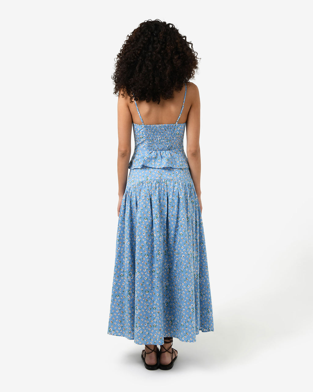 Alisa Gathered Full Skirt in blue ditsy — back view