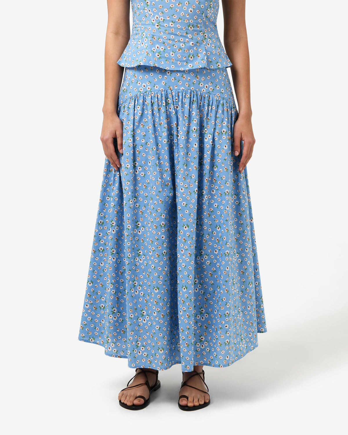 Alisa Gathered Full Skirt in blue ditsy — close-up view