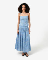 Alisa Gathered Full Skirt in blue ditsy — full-length view