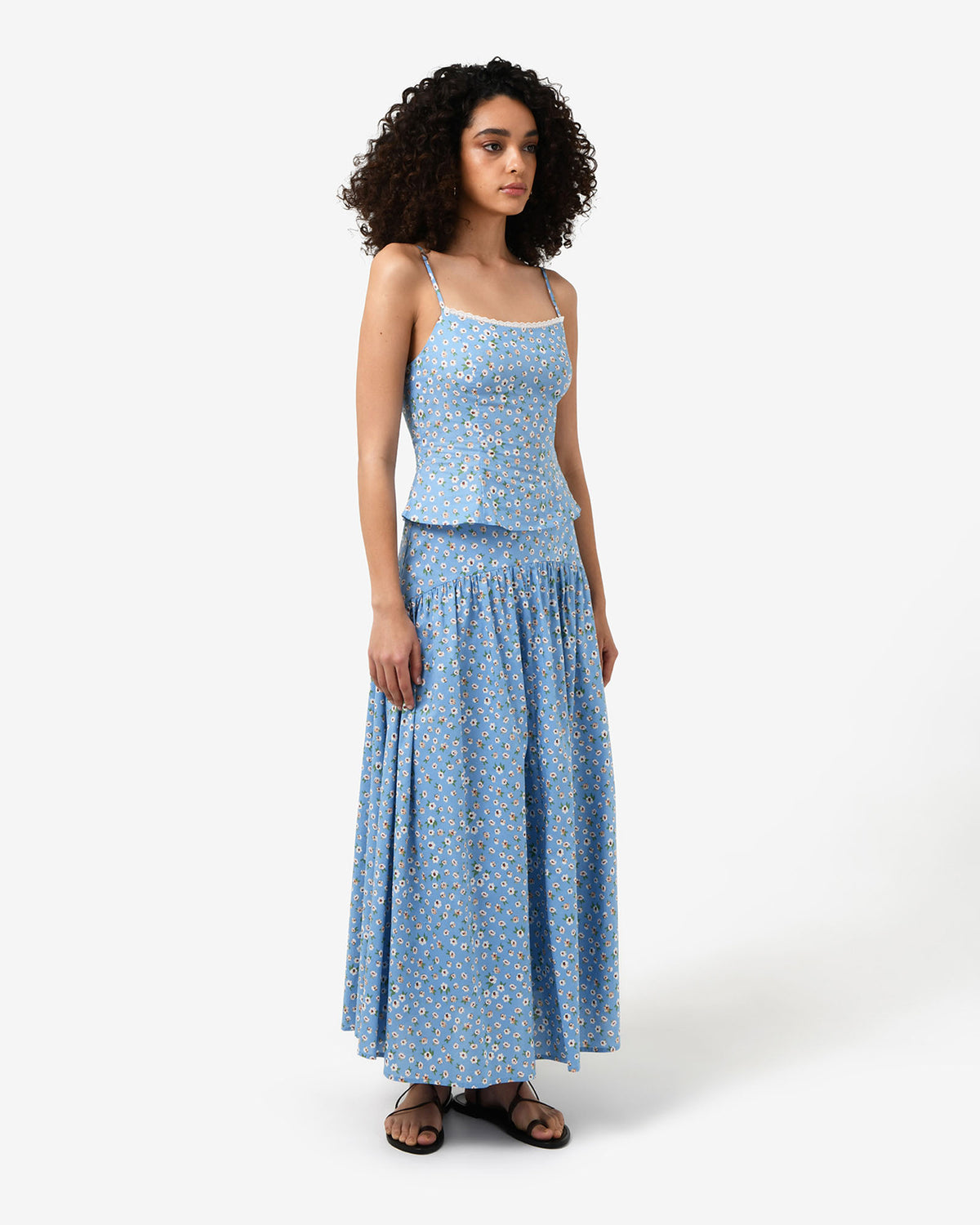 Alisa Gathered Full Skirt in blue ditsy — side view
