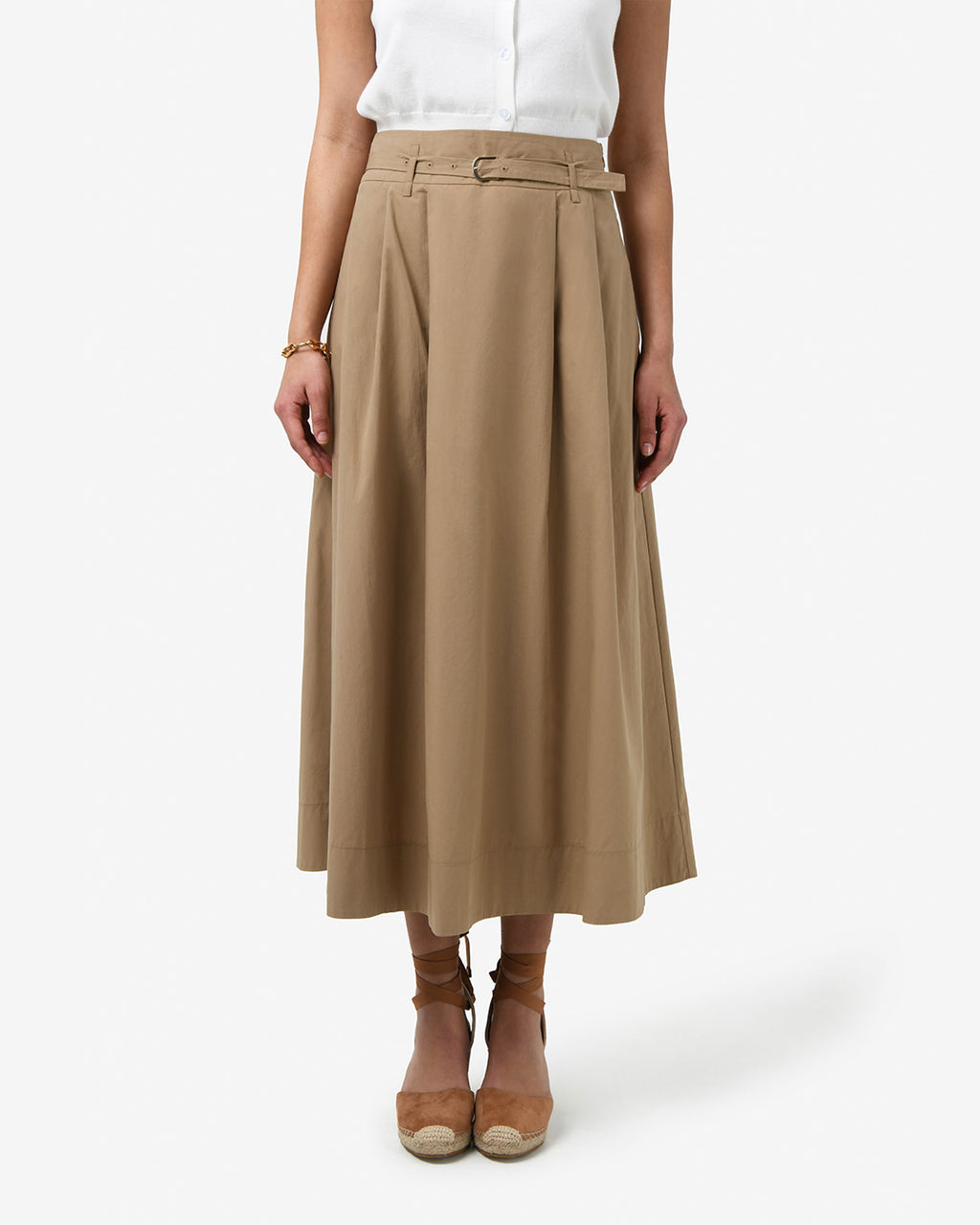 Willow Cotton Belted Skirt in camel — close-up view