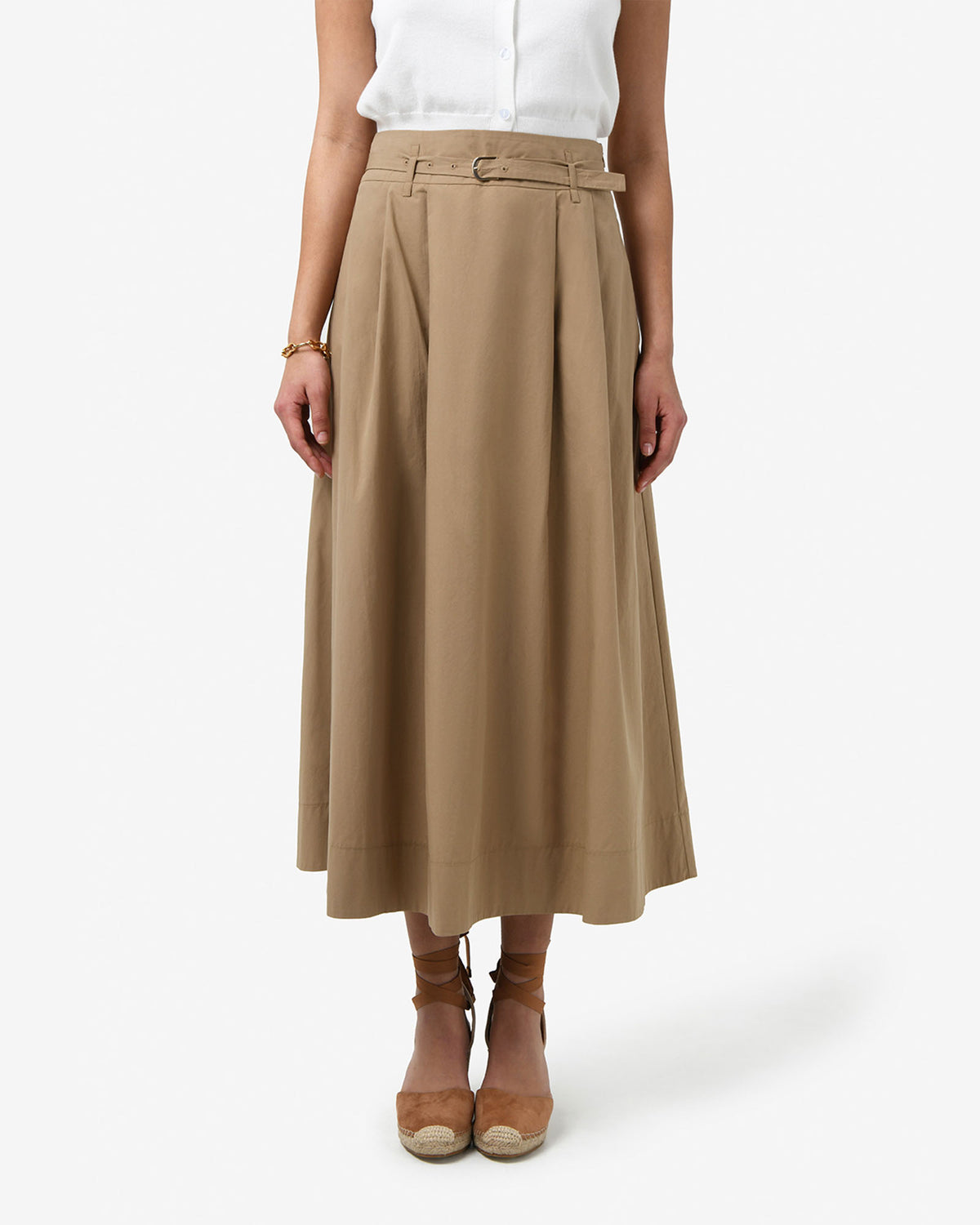 Willow Cotton Belted Skirt in camel — close-up view