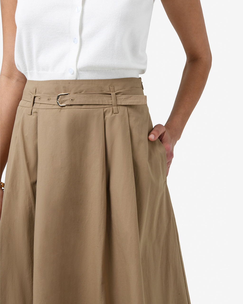 Willow Cotton Belted Skirt in camel — fabric detail