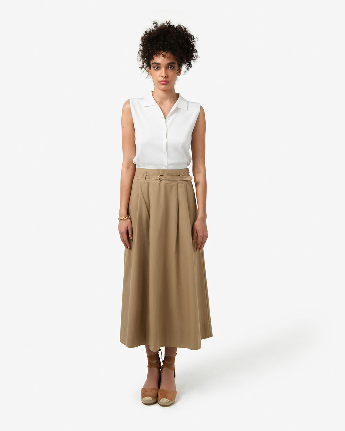 Willow Cotton Belted Skirt in camel — full-length view