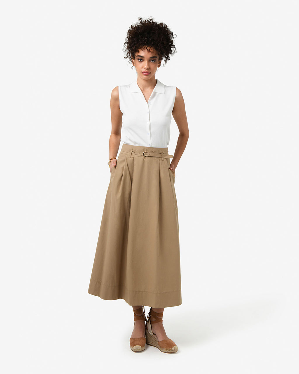Willow Cotton Belted Skirt in camel — full-length view 2