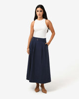 Willow Cotton Belted Skirt in navy — full-length view