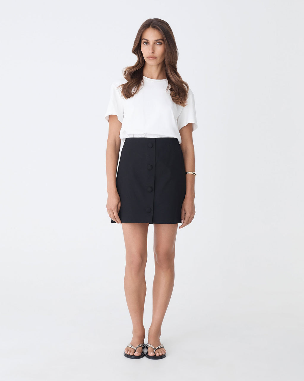 Winnie A-line Button Skirt in black — full-length view