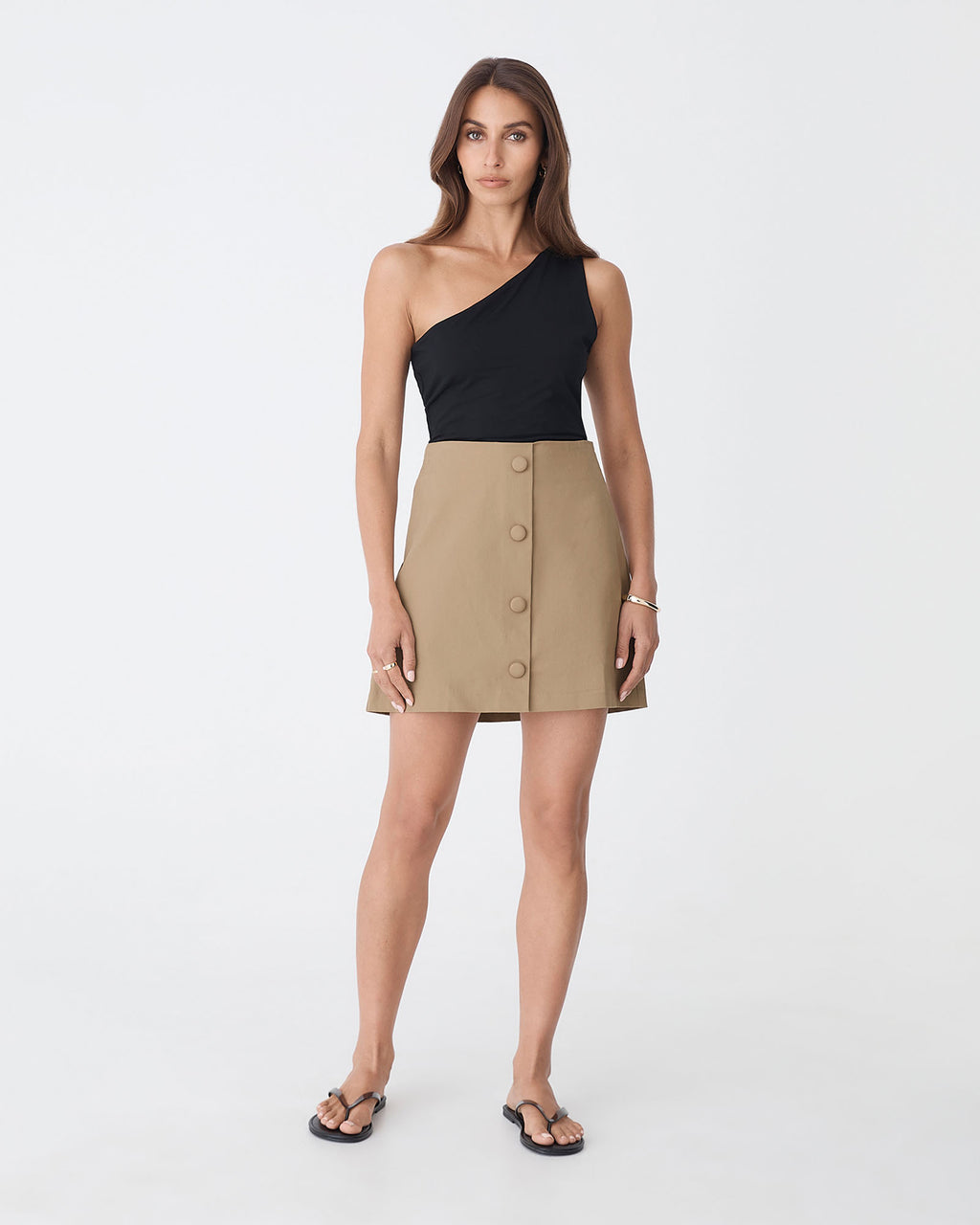 Winnie A-line Button Skirt in pebble — full-length view