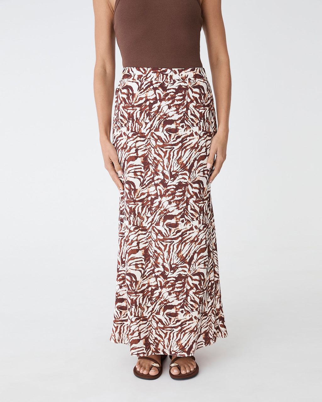 Zuhara Column Skirt in brown zebra — close-up view