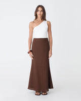 Amelia Linen Blend Maxi Skirt in chocolate — full-length view