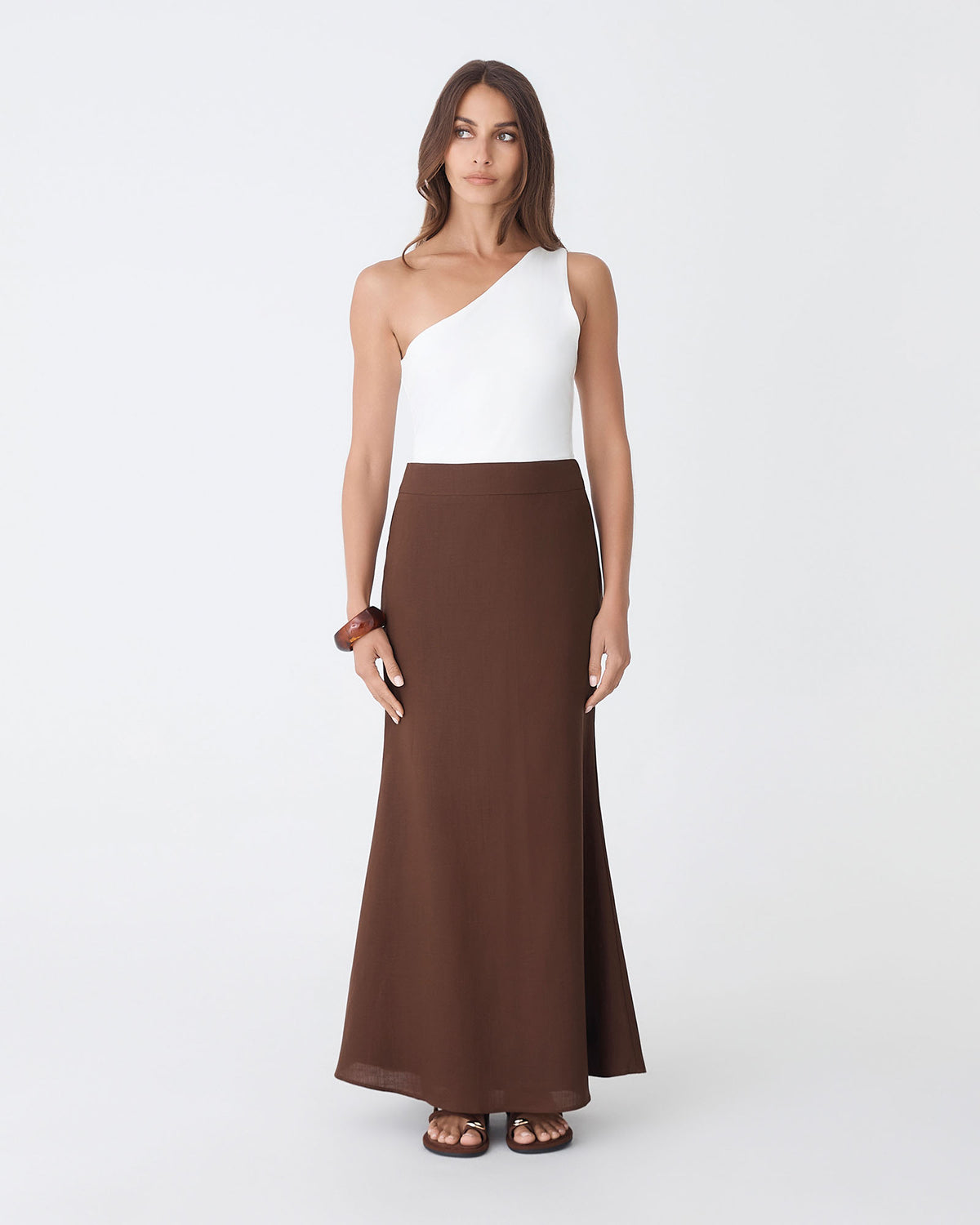 Amelia Linen Blend Maxi Skirt in chocolate — full-length view