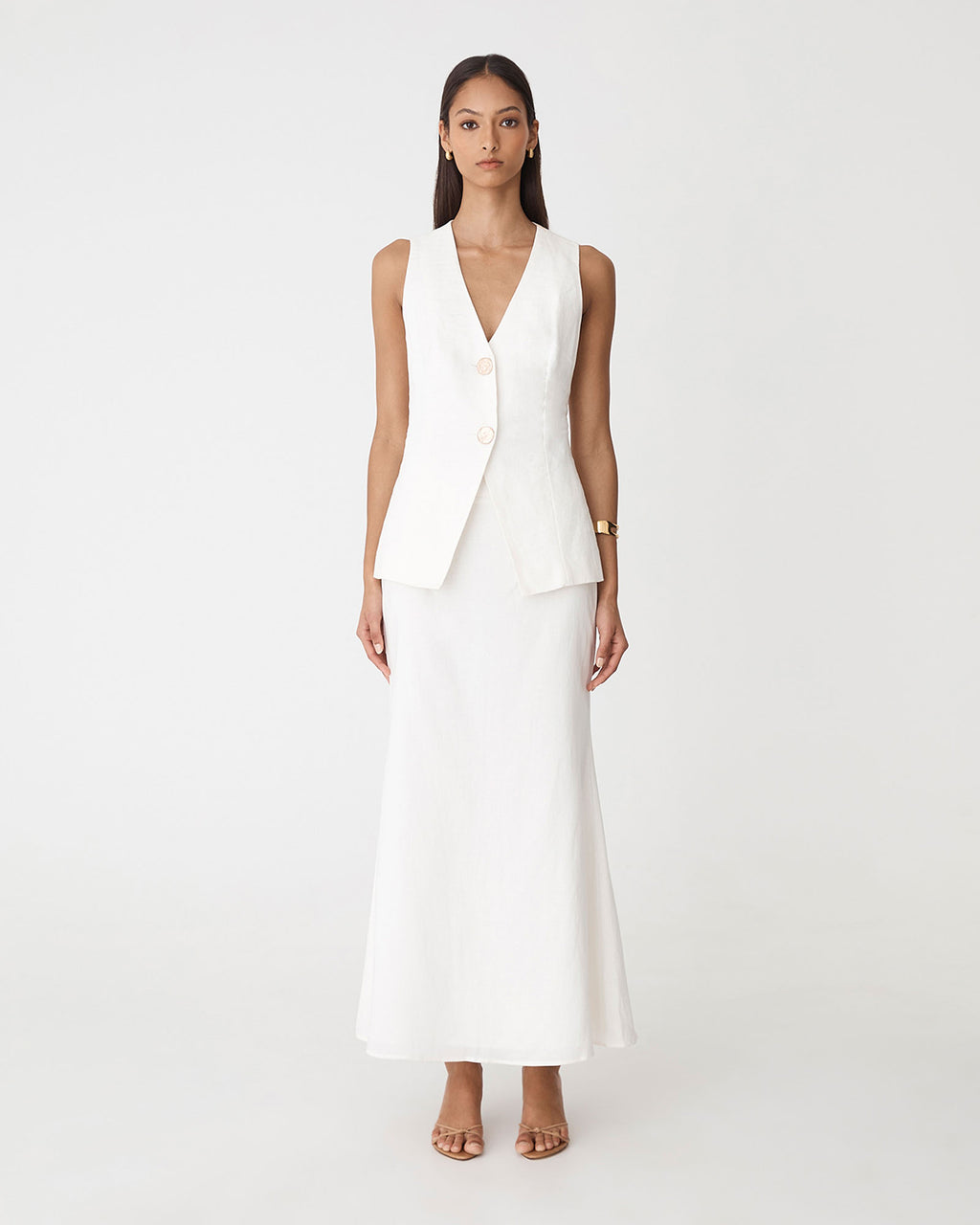 Amelia Linen Blend Maxi Skirt in ivory — full-length view 2