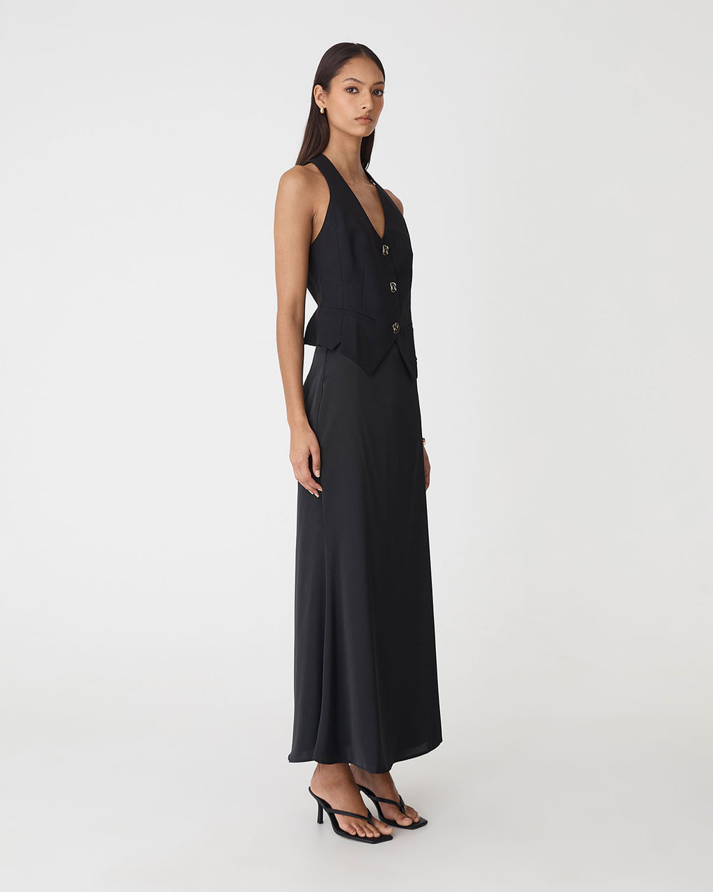 Leigh Satin Maxi Skirt in black — side view