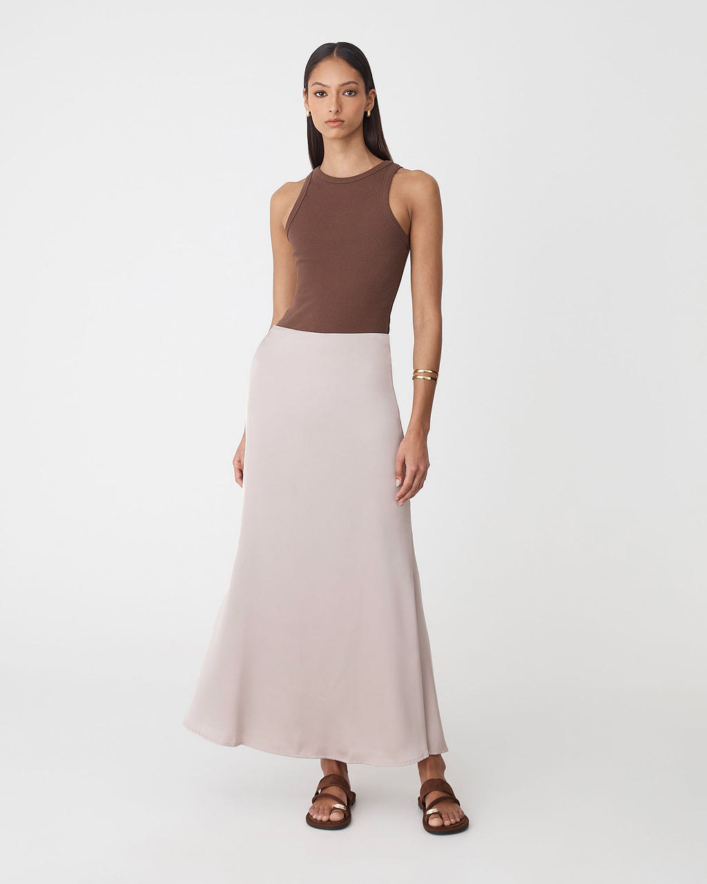 Leigh Satin Maxi Skirt in light taupe — full-length view