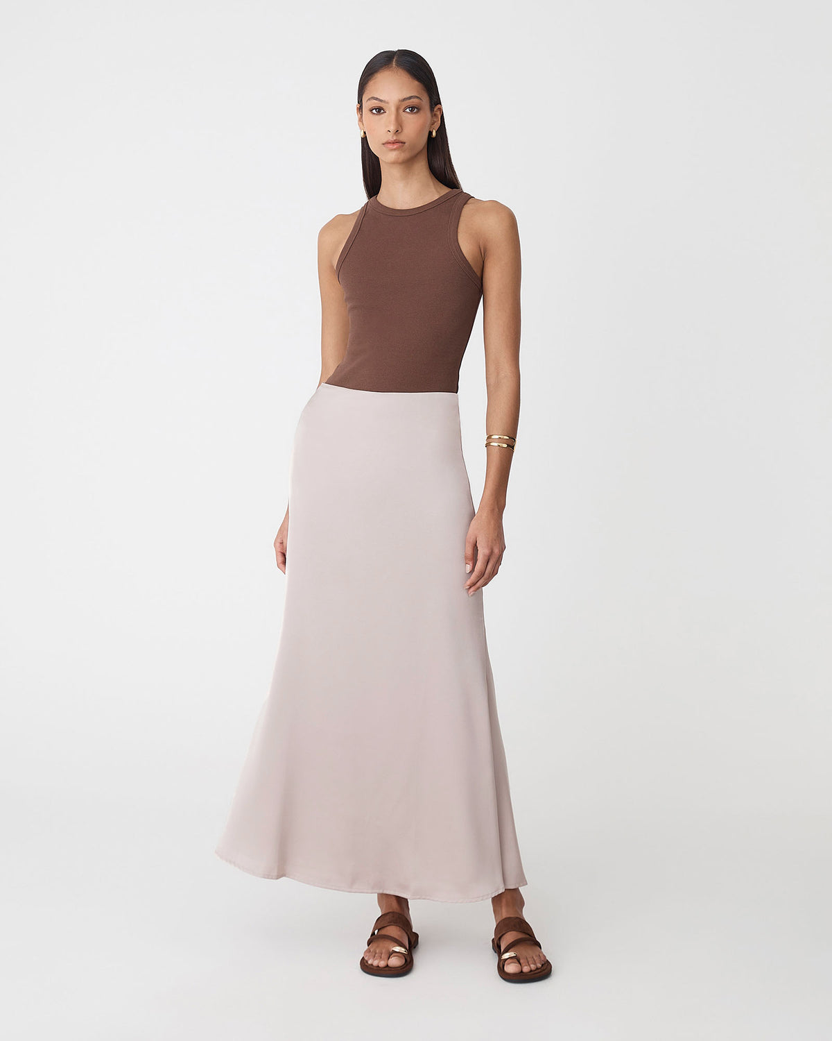 Leigh Satin Maxi Skirt in light taupe — full-length view