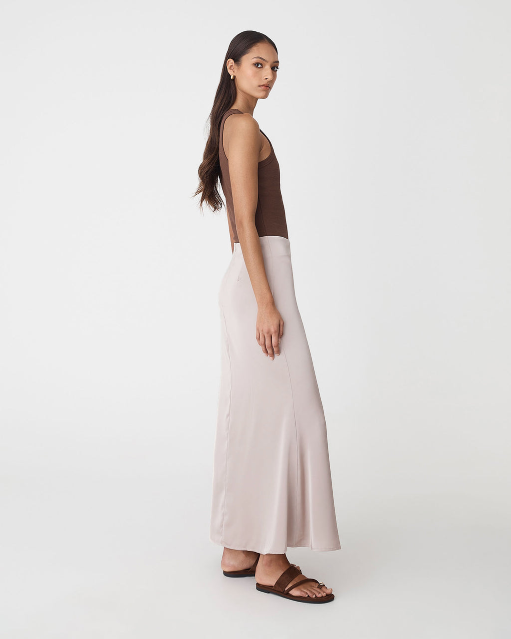 Leigh Satin Maxi Skirt in light taupe — side view