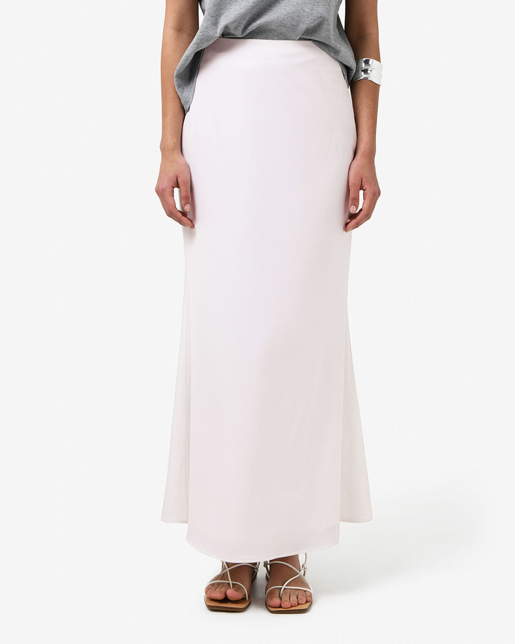 Leigh Satin Maxi Skirt in pearl — close-up view