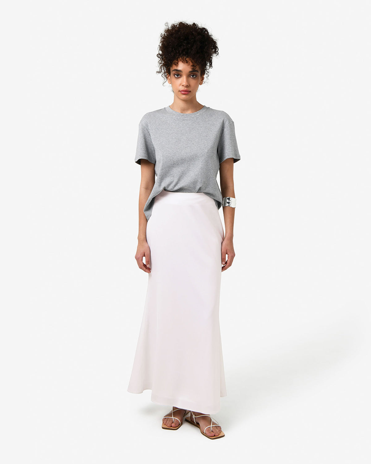 Leigh Satin Maxi Skirt in pearl — full-length view