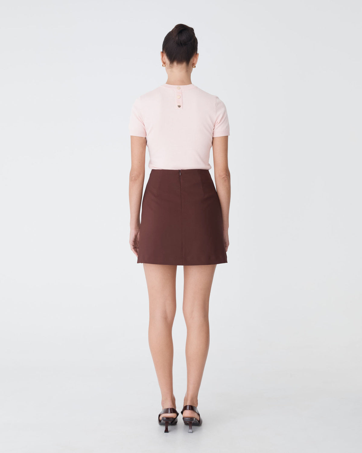 Kinsley Tailored Mini Skirt in coffee — back view