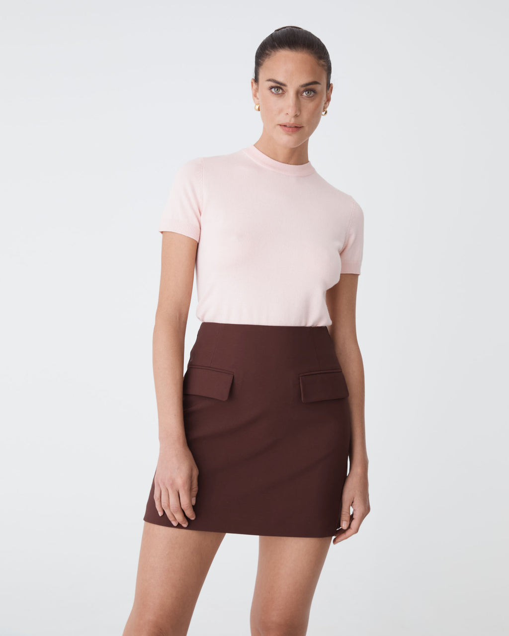 Kinsley Tailored Mini Skirt in coffee — close-up view
