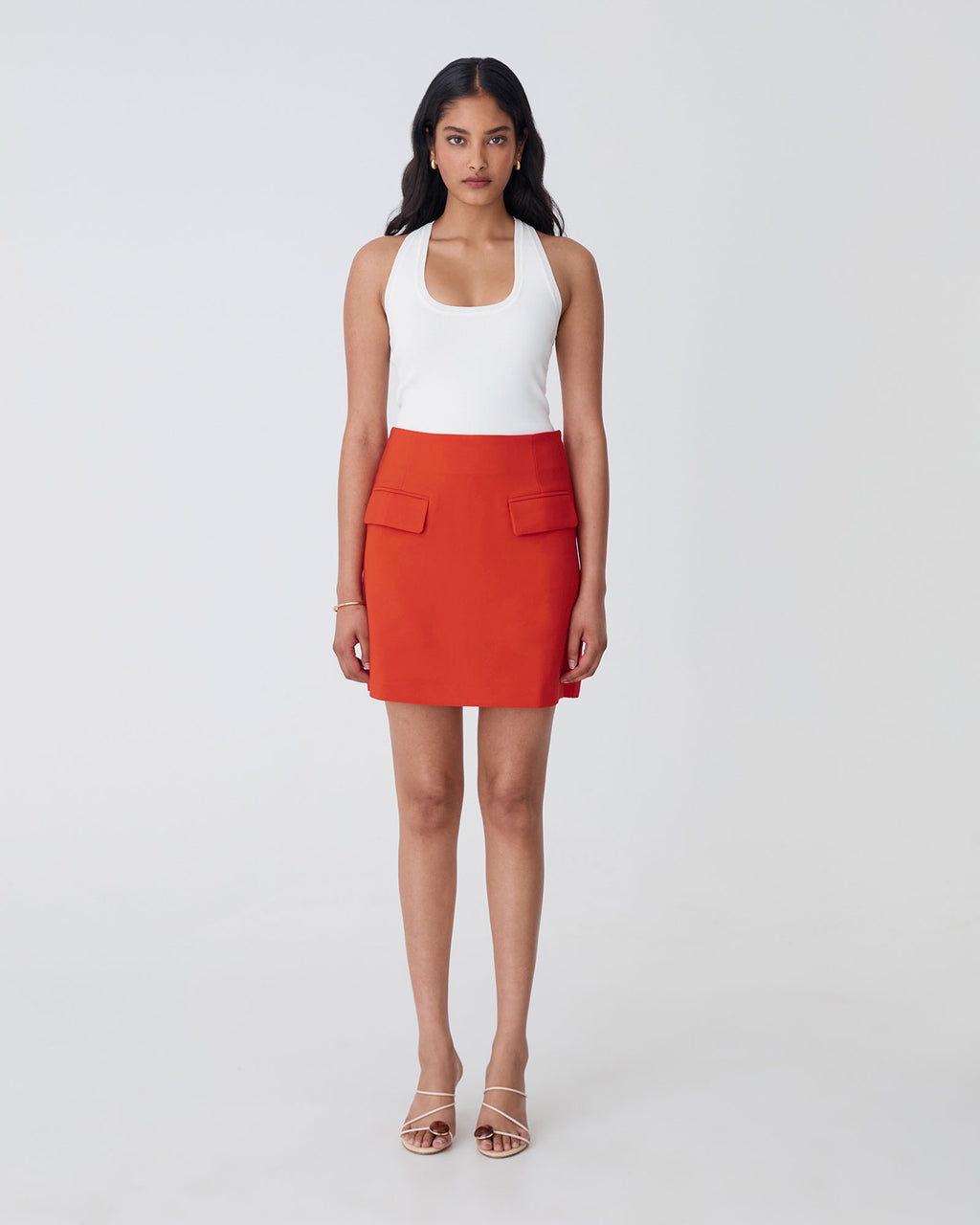 Kinsley Tailored Mini Skirt in vermilion — full-length view