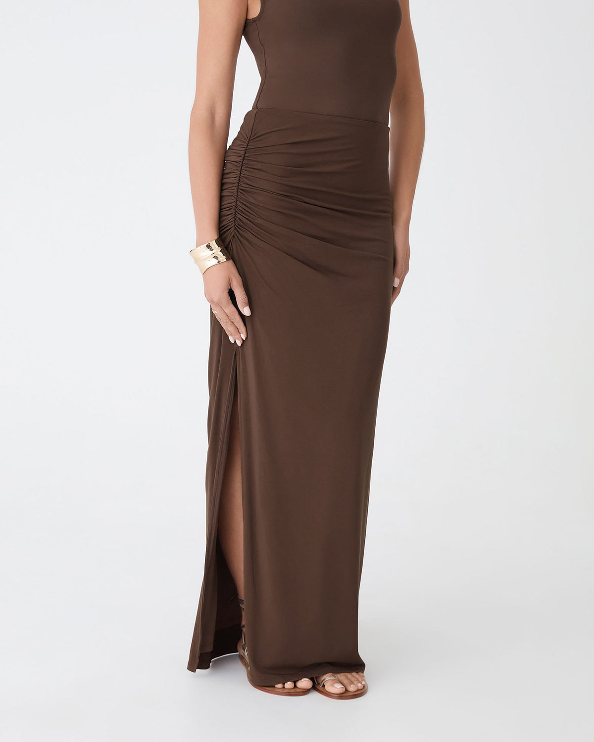 Kirsty Bamboo Ruched Skirt in espresso — close-up view 2