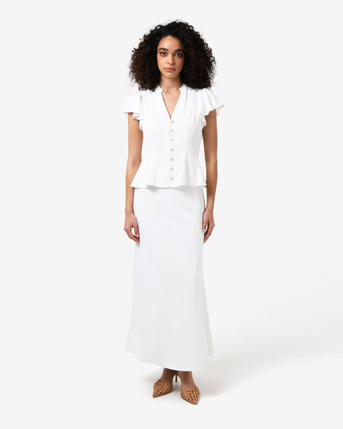 Carissa Flared Maxi Skirt in white — full-length view