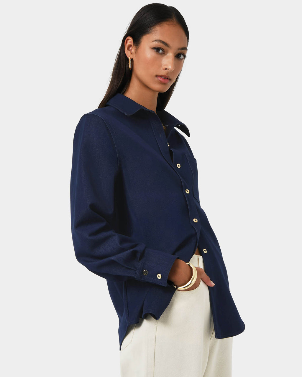 Ruka Button Shirt in dark indigo — side view