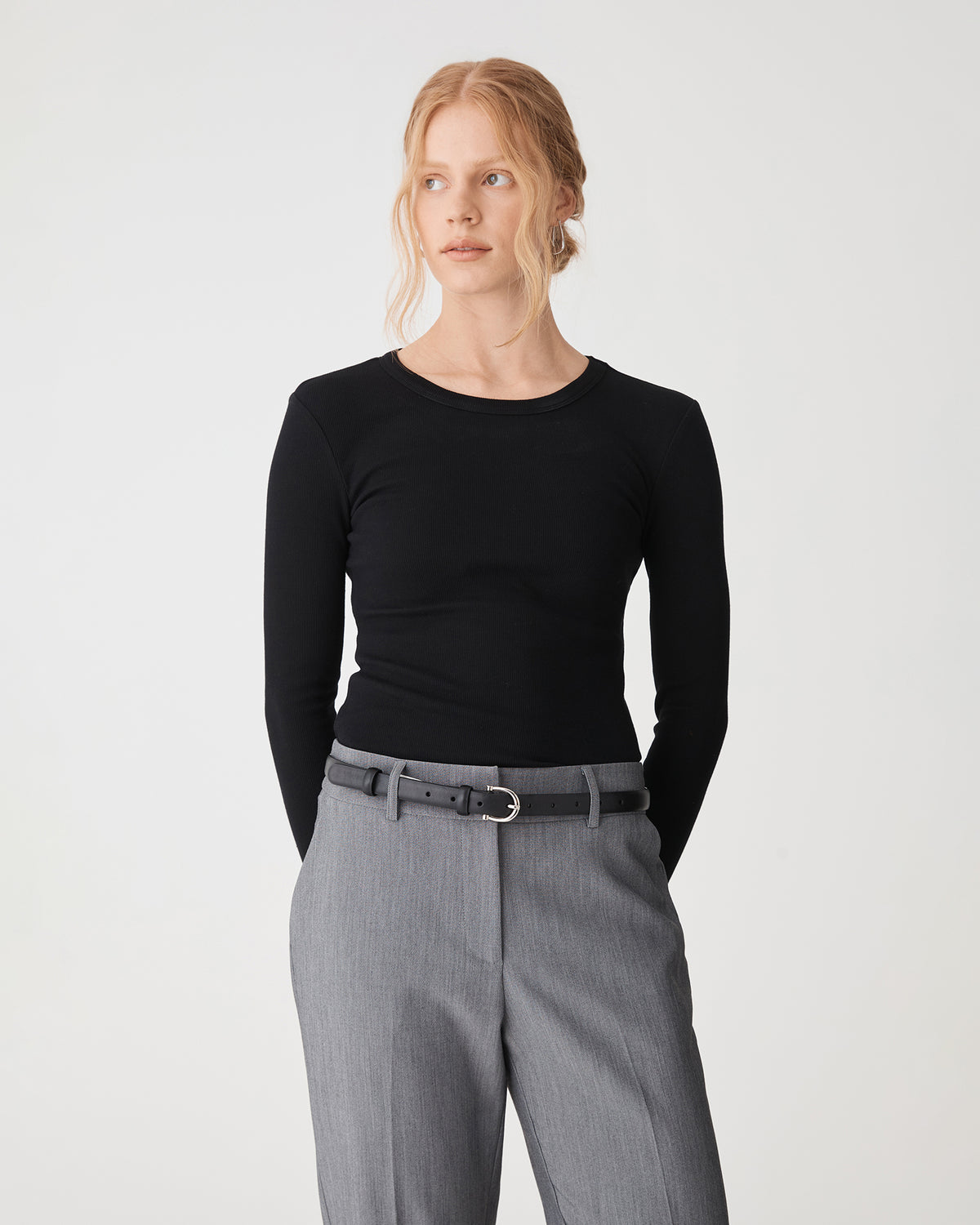 Devon Long Sleeve Rib Tee in black — close-up view