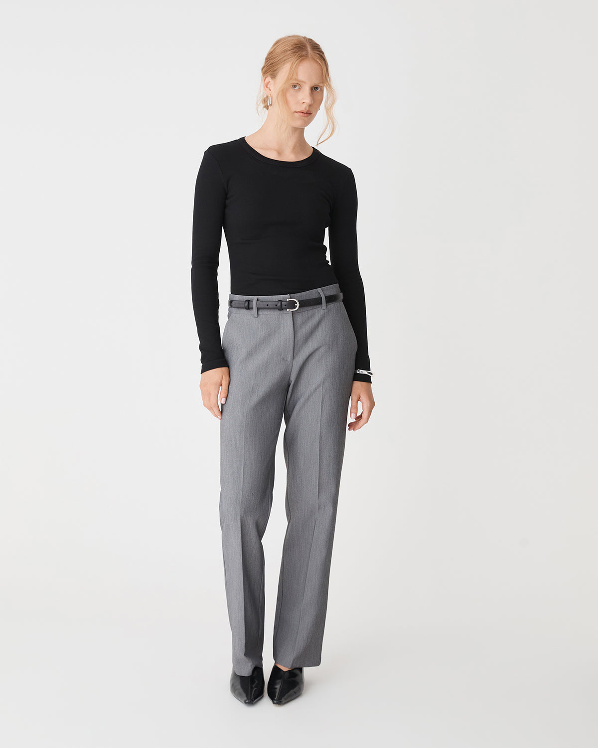 Devon Long Sleeve Rib Tee in black — full-length view