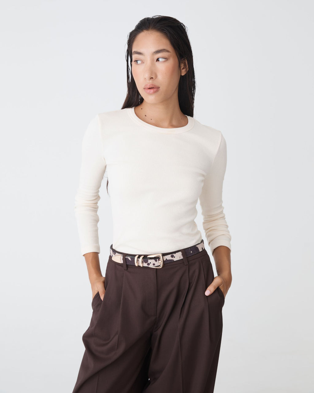 Devon Long Sleeve Rib Tee in cream — close-up view