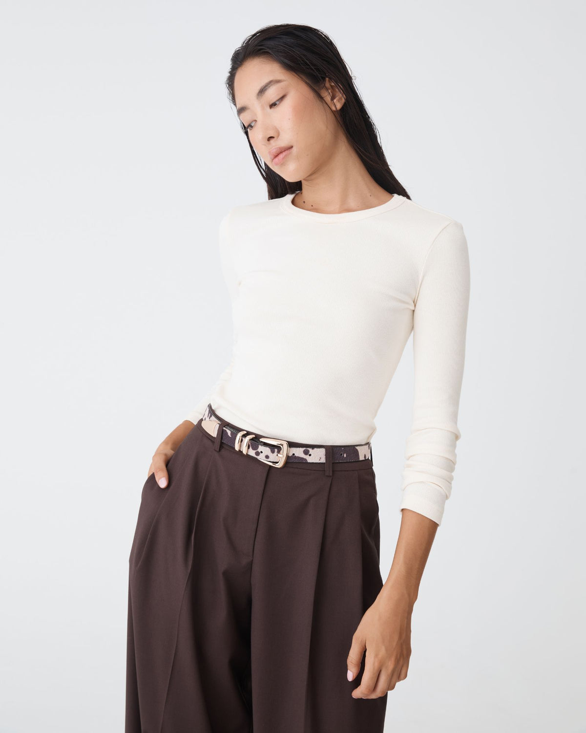 Devon Long Sleeve Rib Tee in cream — close-up view 2