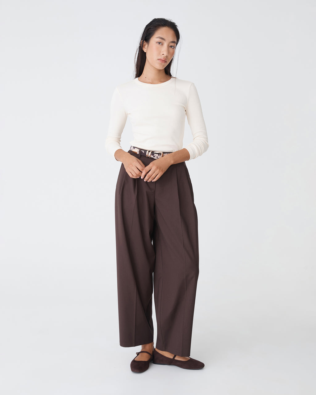 Devon Long Sleeve Rib Tee in cream — full-length view