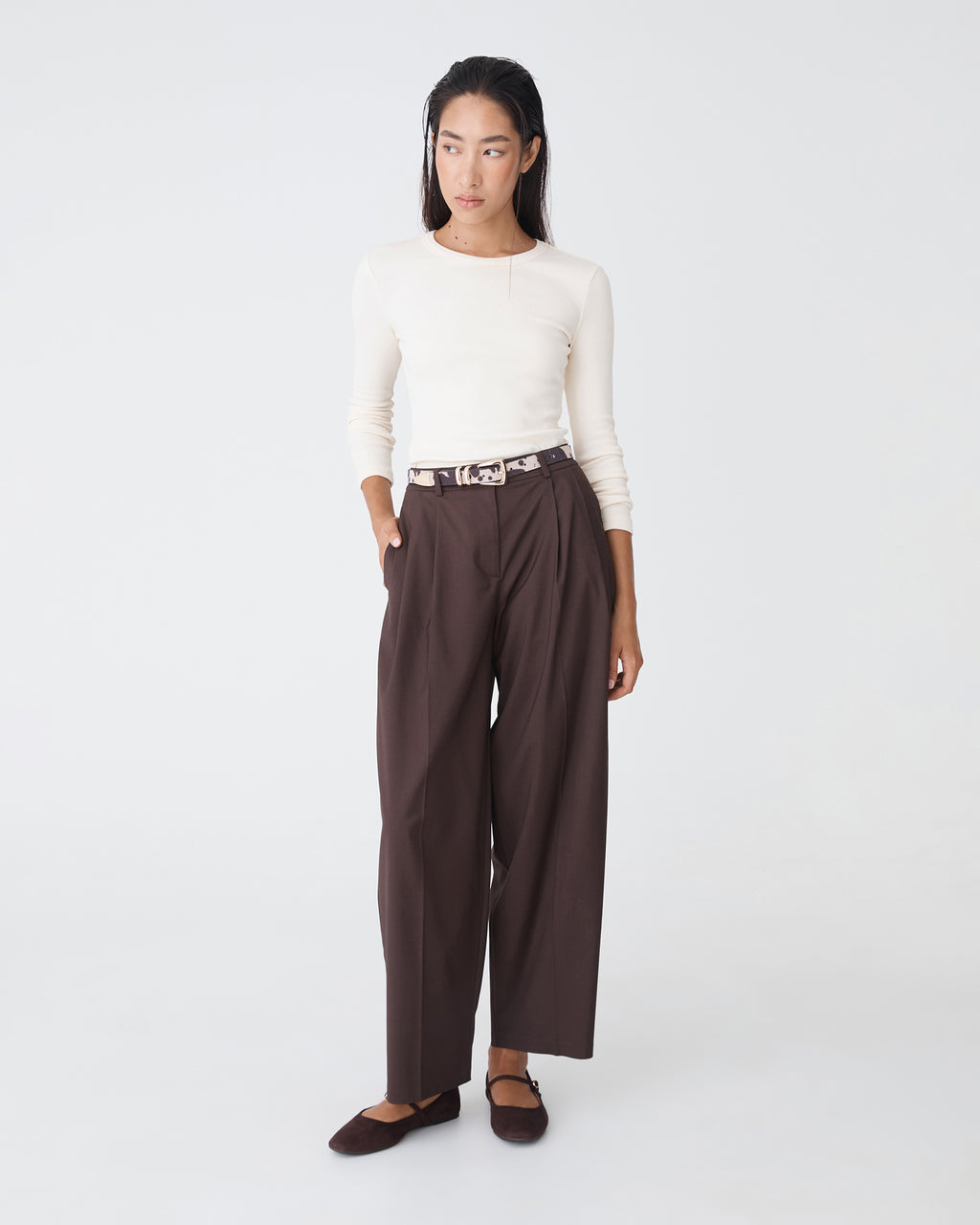 Devon Long Sleeve Rib Tee in cream — full-length view 2