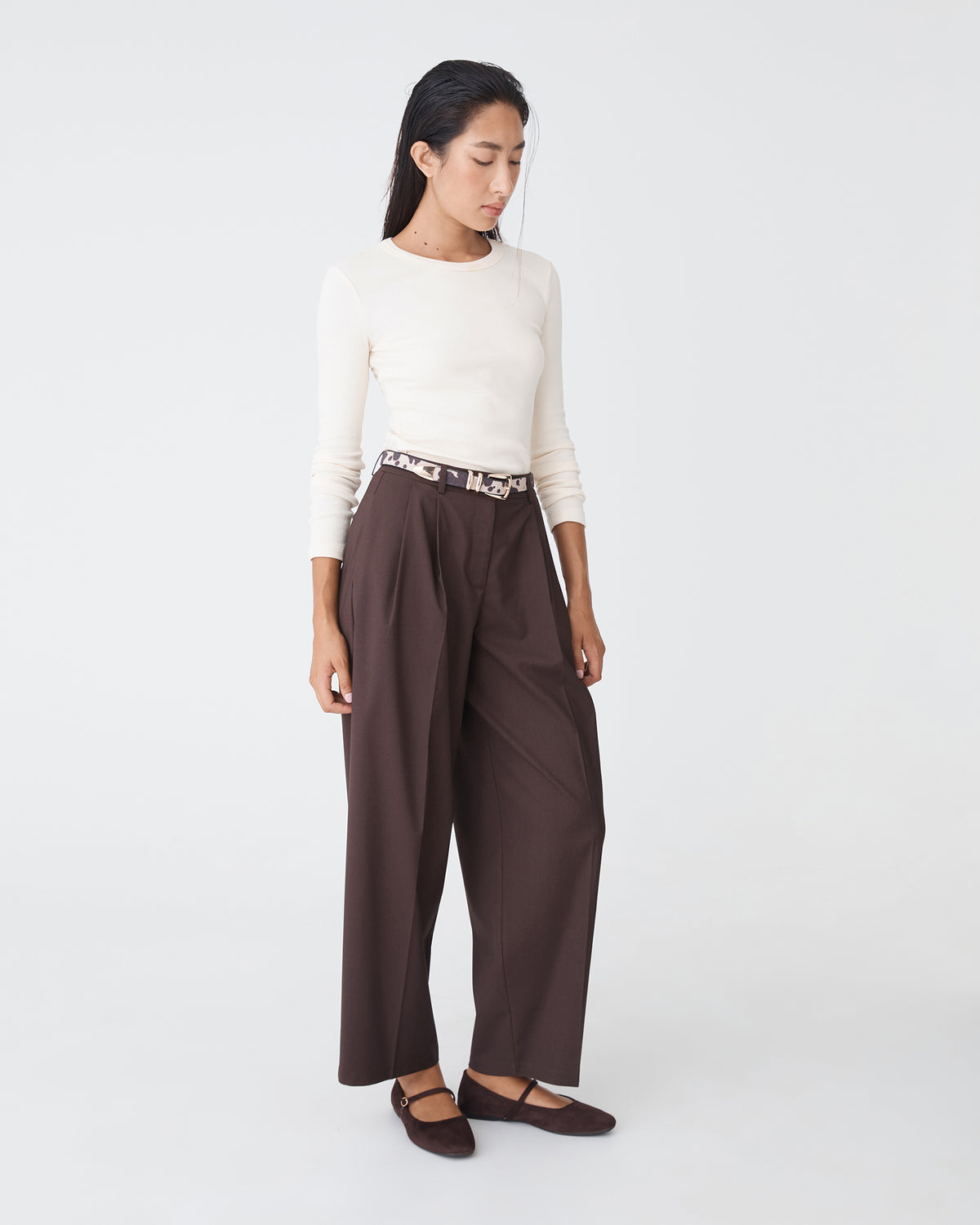 Devon Long Sleeve Rib Tee in cream — full-length view 3