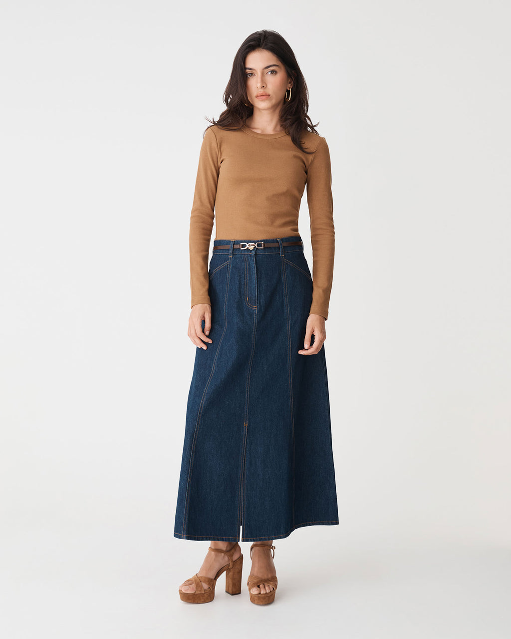 Devon Long Sleeve Rib Tee in ochre — full-length view